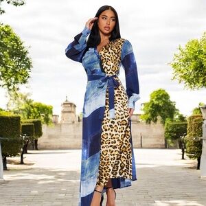 Denim print Leopard Maxi Shirt Dress